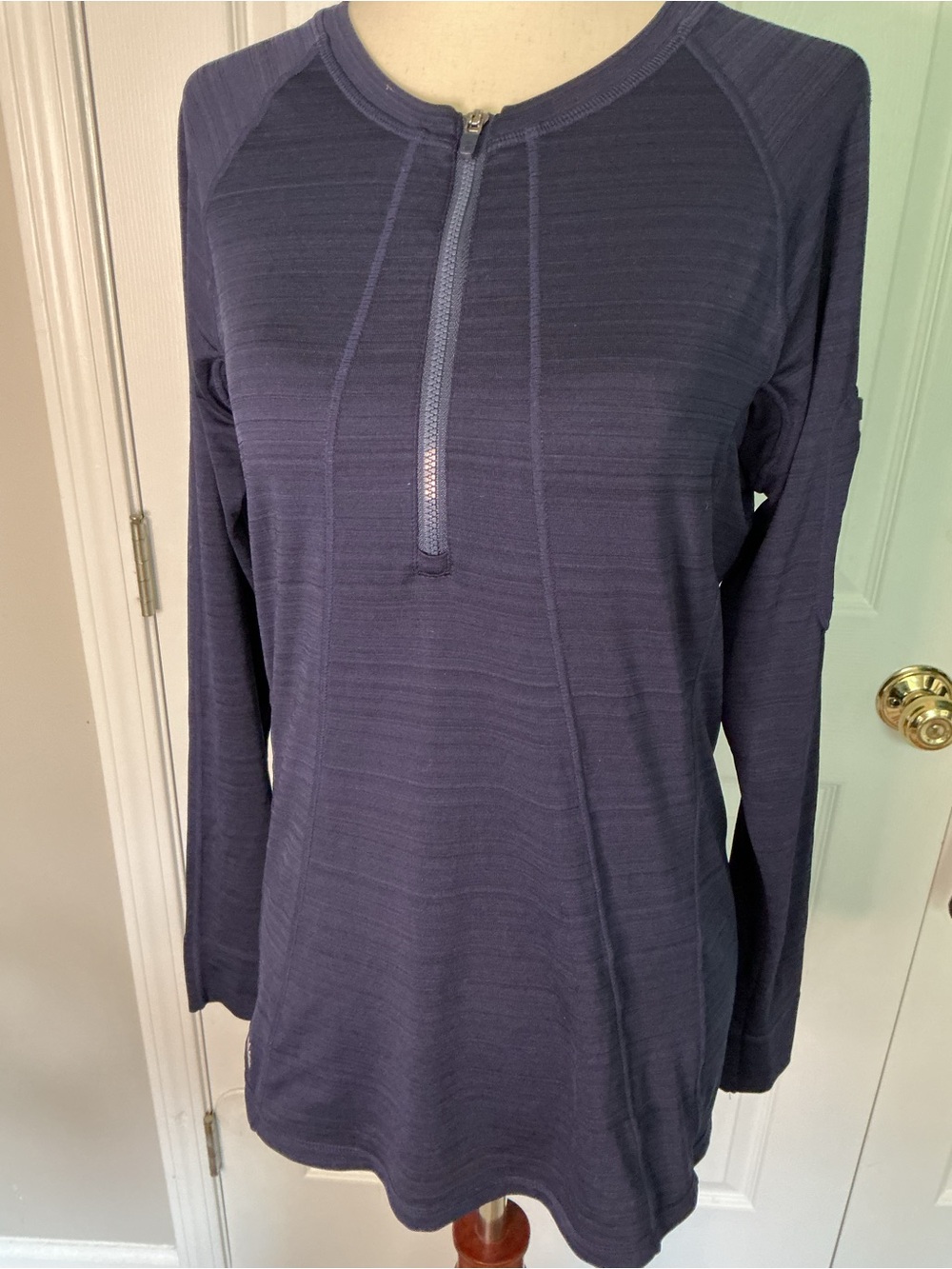 Athleta Navy Long-Sleeve Half-Zip Bodysuit Top